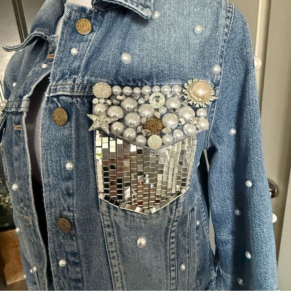 Madewell Custom Rhinestone Cowgirl Bachelorette Disco Fringe Jean Jacket Size M - Picture 6 of 10